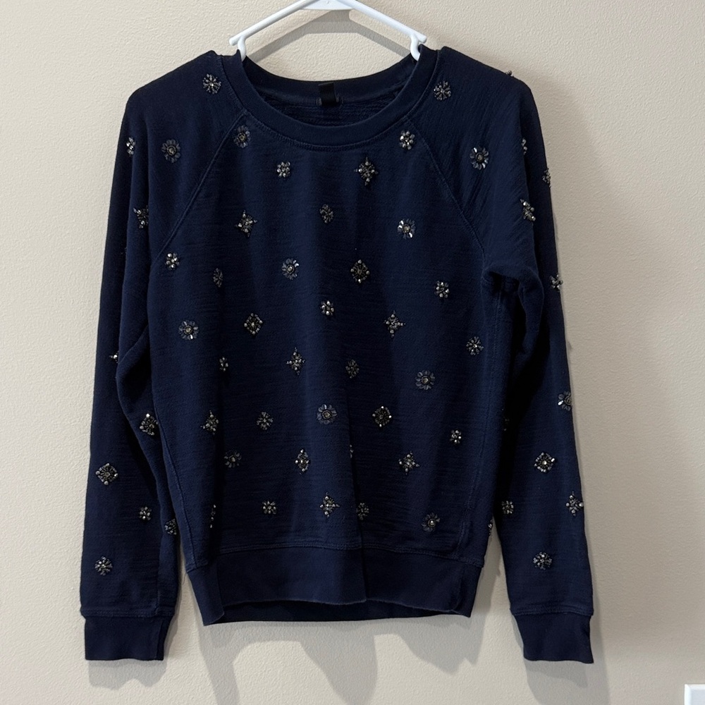 J. Crew Navy Embellished Jeweled Crewneck Sweater Women’s Size S preppy